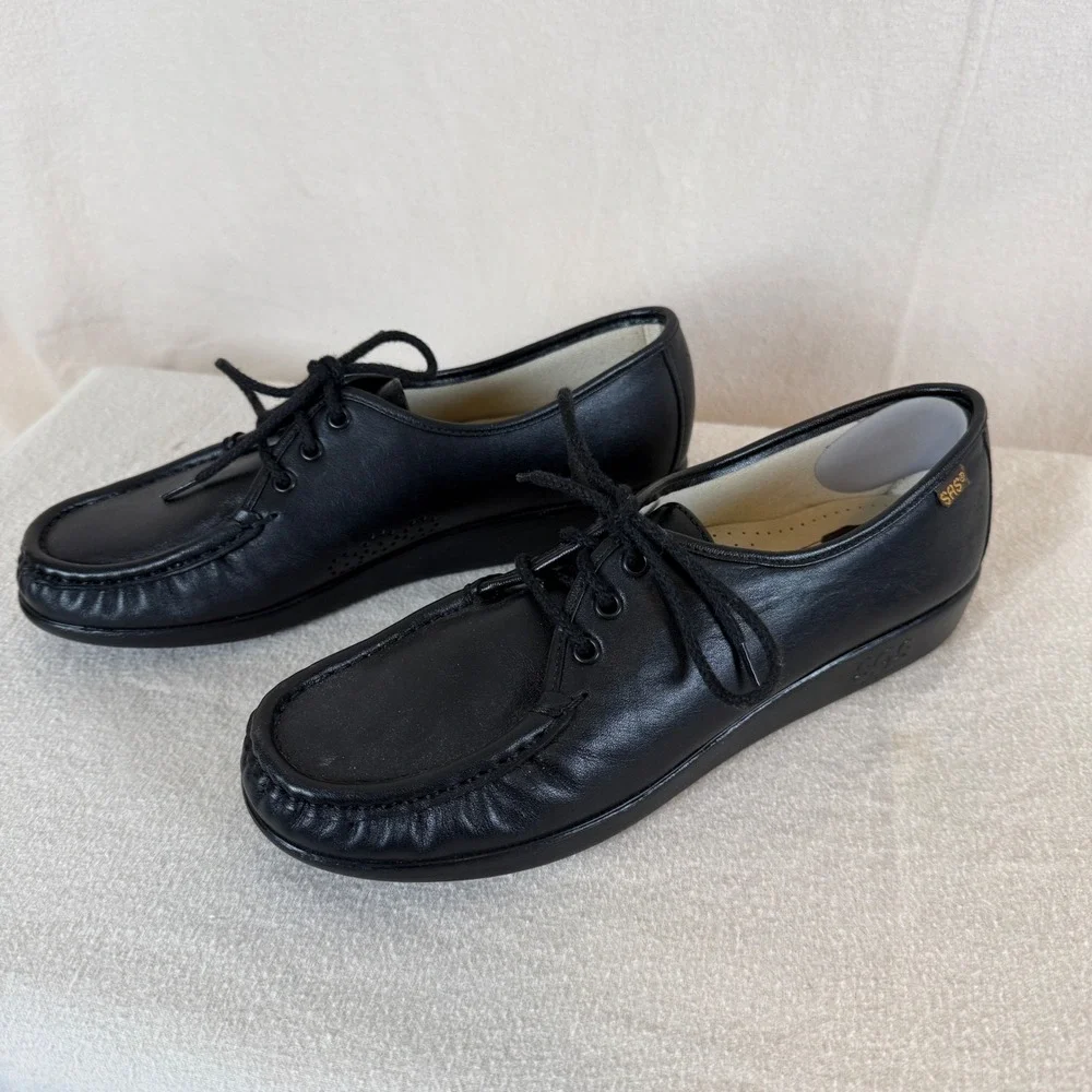 SAS Siesta Womens 10 N Black Leather Lace Up Moc Toe Walking Shoes Loafers‎ USA